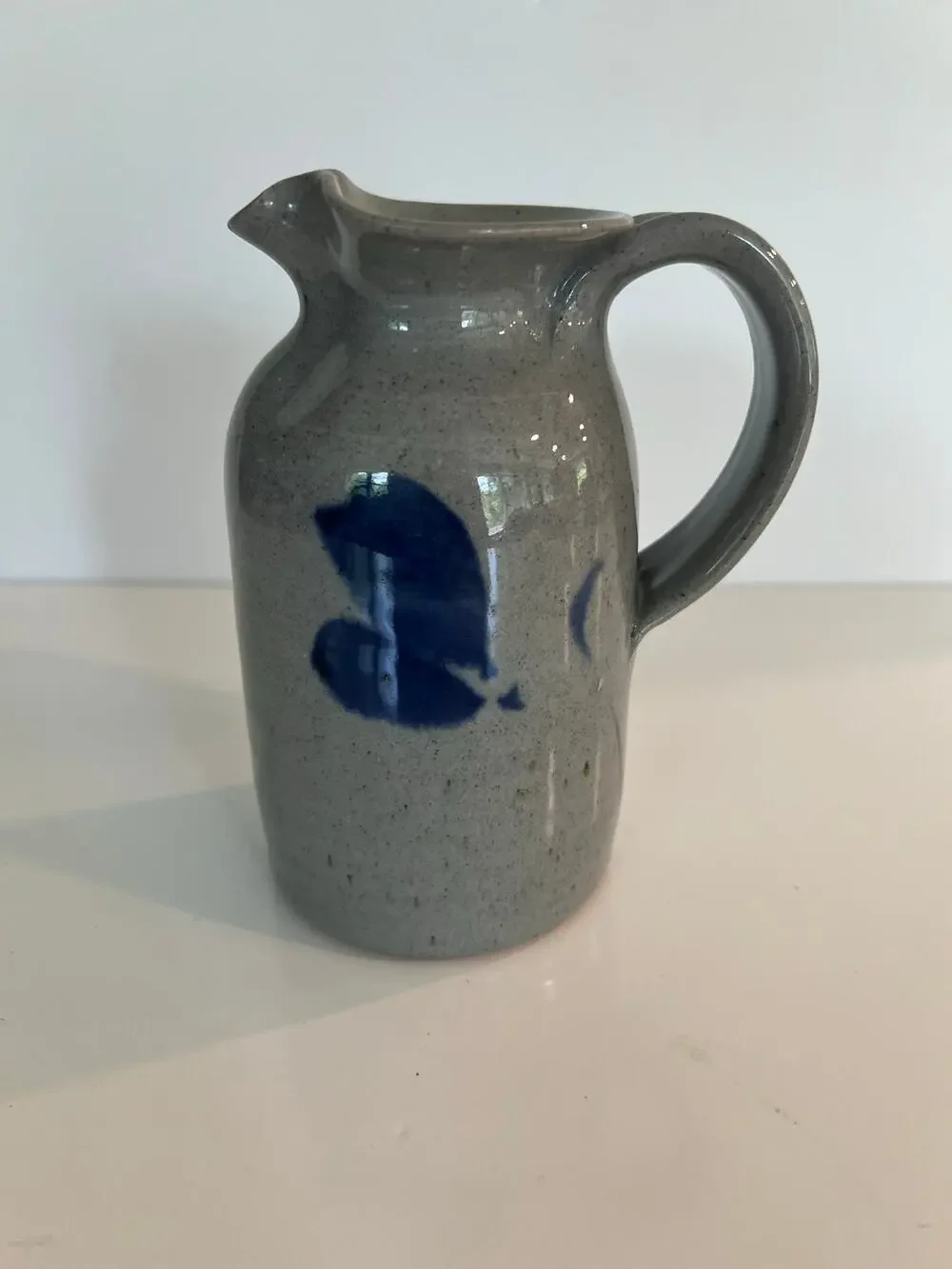 Hand Crafted Pottery Stoneware Blue & Gray Salt Glazed Pitcher Signed JL